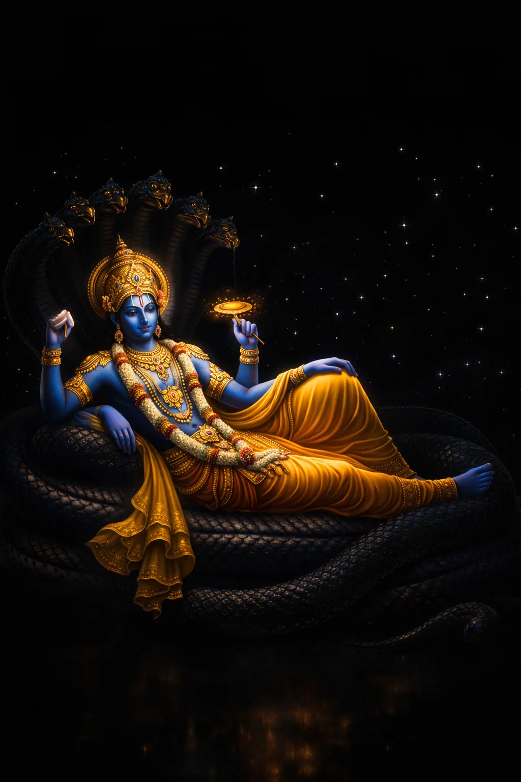 Lord Vishnu reclining on Adishesha